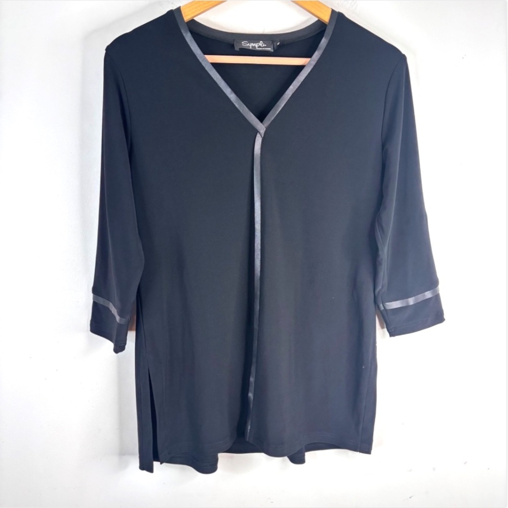 Sympli Black Tunic 8 Travel Jersey Knit 3/4 Sleeve V Neck Minimalist Lagenlook